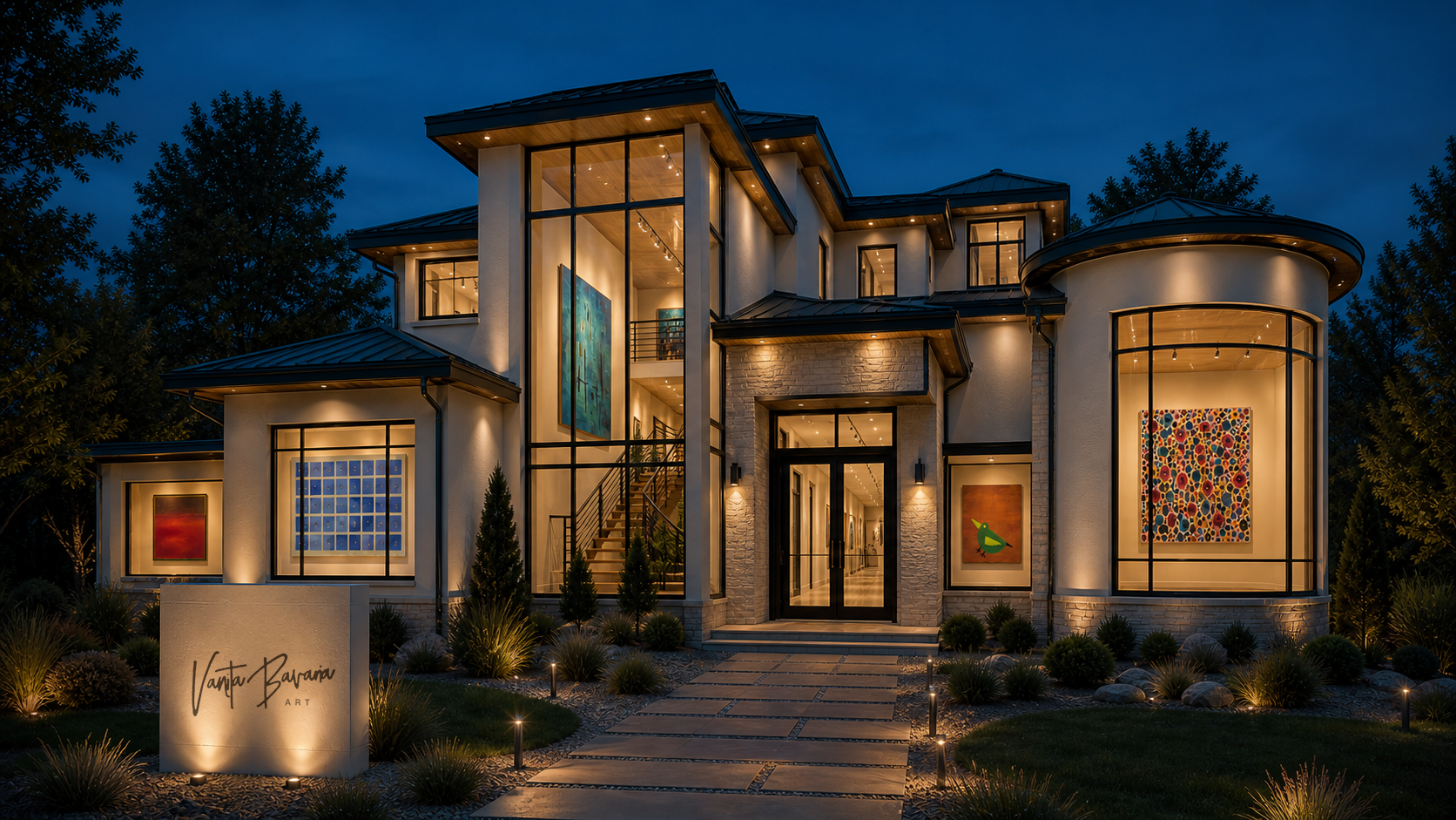 A multilevel white gallery house at blue hour, with a custom Vanita Bavaria Art sign, five paintings glowing through large windows, and a garden path leading to black-framed glass doors